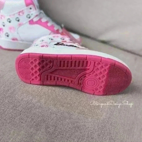 Bling Girls Barbie Pink High Top Sneakers Made with Black Crystals Girls Shoes - Picture 3 of 8